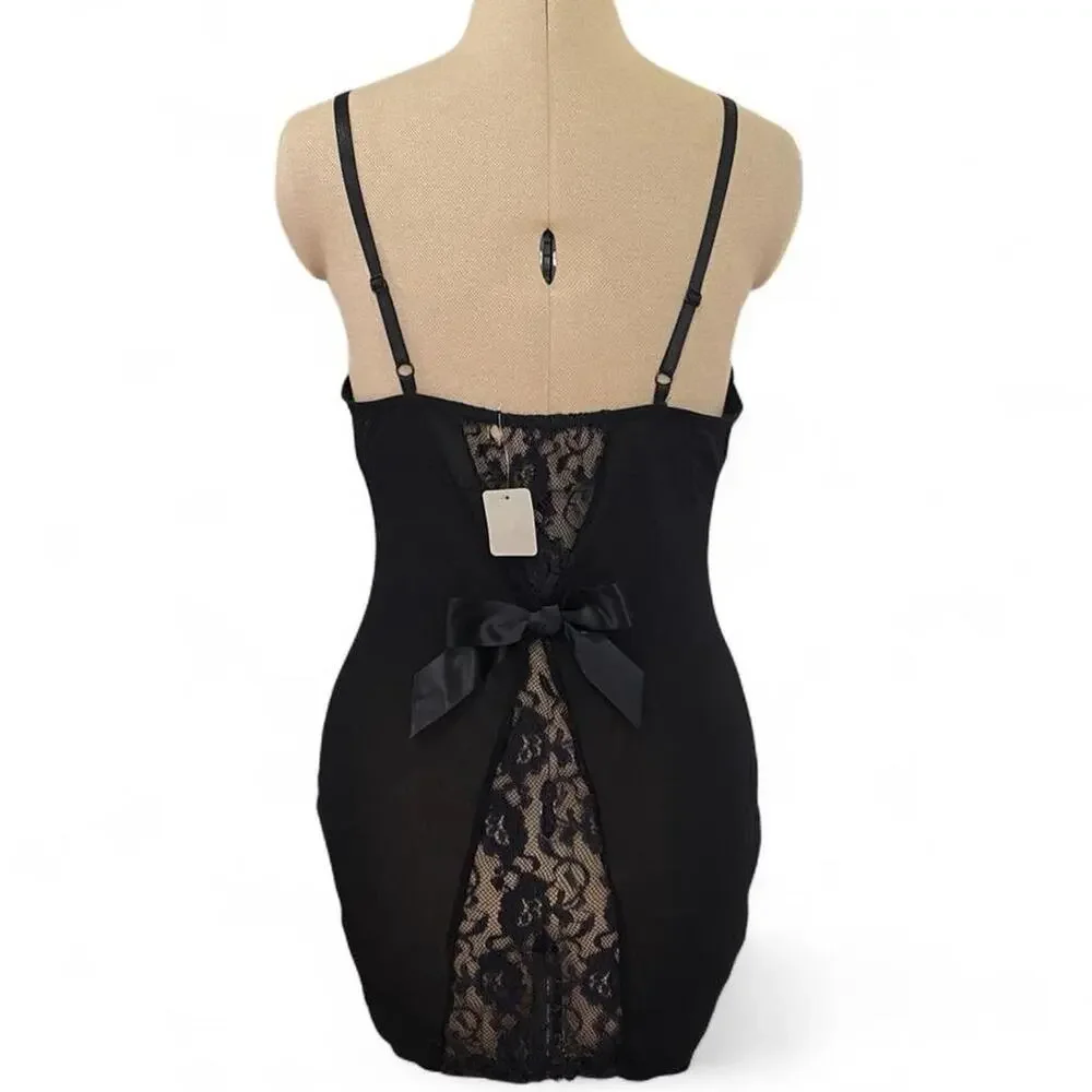 Black mesh lace slip dress with bow detail, size S